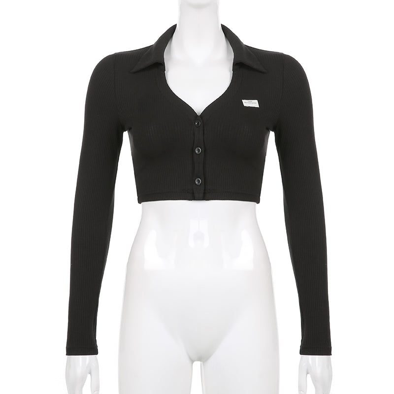 Black Knit V Neck Long Sleeve Crop Top