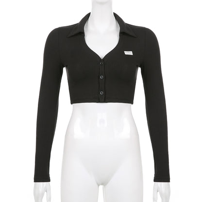 Black Knit V Neck Long Sleeve Crop Top