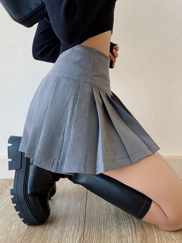 Grey Split Pleated Mini Skirt