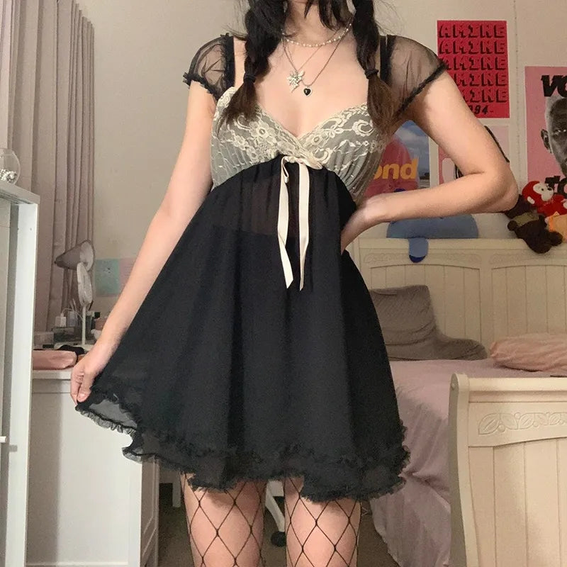 Black Vintage Lace Patchwork Mini Dress