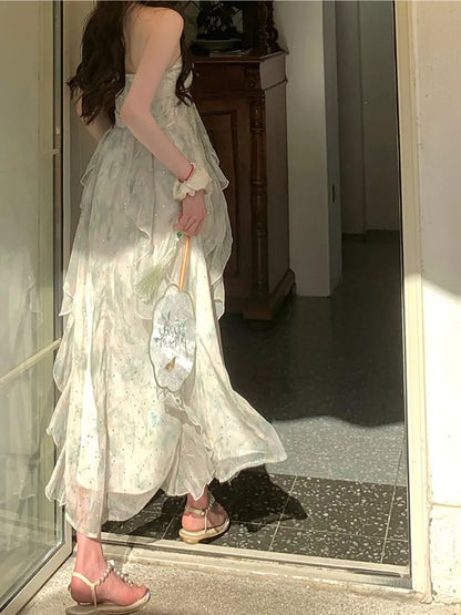 Green Chiffon French Beach Midi Dress
