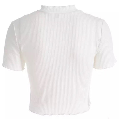Cute Anime Girl Crying Eye Embroidery White Ribbed Crop Top Short Sleeve Shirt T-shirt Summer Casual E-Girl Kawaii Korean Japanese Harajuku Streetwear