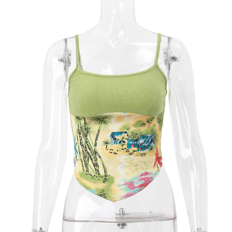 Green Vacation Print Patchwork Tank Top