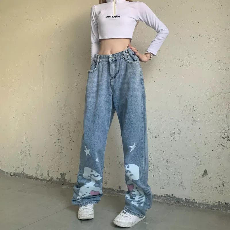 Blue Skull Print Denim Straight Leg Jeans