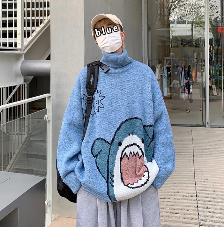 Cute Funny Shark Cartoon Knit Turtleneck Oversized Sweater Pullover Winter Aesthetic Casual Kawaii Korean Japanese Harajuku