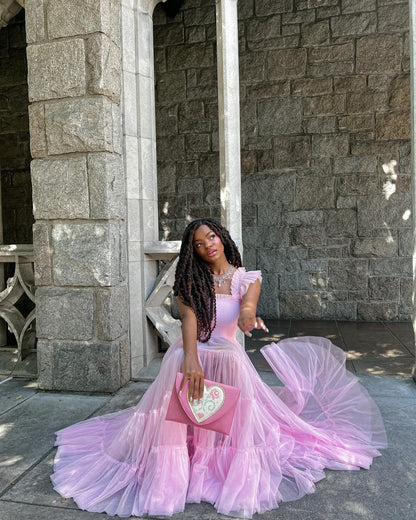 Pink Fairy Mesh Puffy Square Neck Long Dress