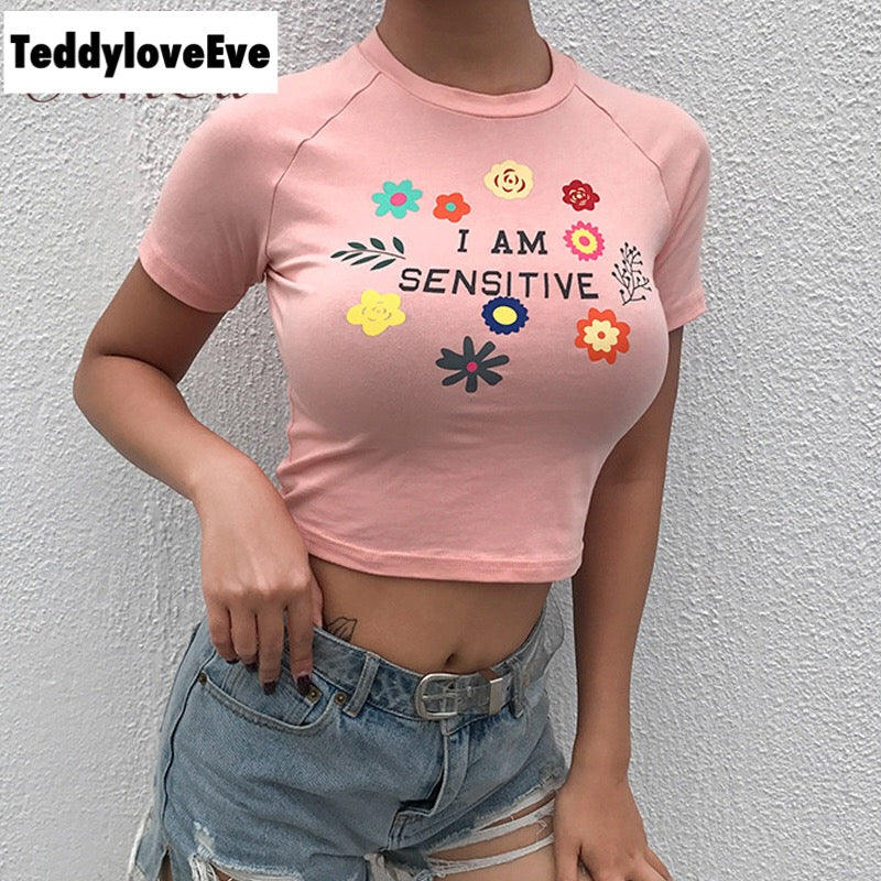 Cute Sensitive Pink Flower Embroidery Sexy Crop Top Short Sleeve Shirt Tee T-shirt Summer Casual E-Girl Kawaii Korean Japanese Harajuku Streetwear