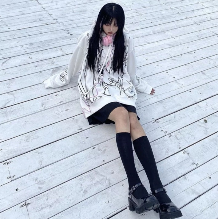 Cute Black Goth Anime Hoodie Grunge Loose Long Sleeve Shirt Aesthetic Casual E-Girl Kawaii Korean Japanese Harajuku