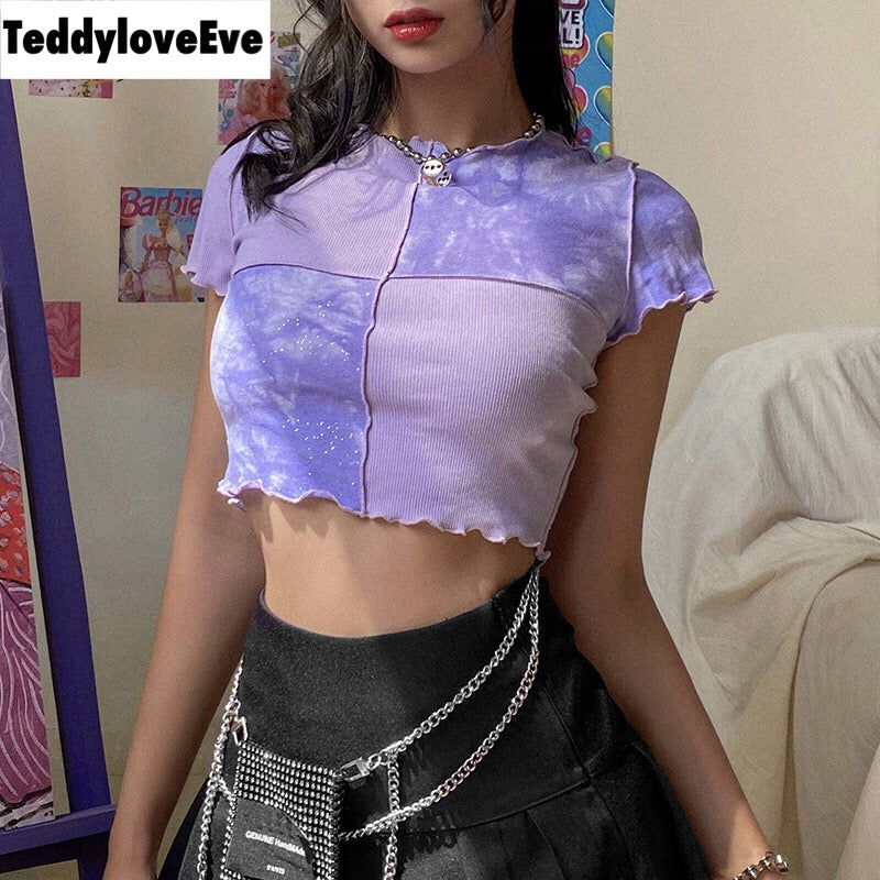 Cute Purple Sequin Ruffle Hem Patchwork Sexy Crop Top Short Sleeve Shirt Tee T-shirt Summer Casual E-Girl Kawaii Korean Japanese Harajuku Streetwear