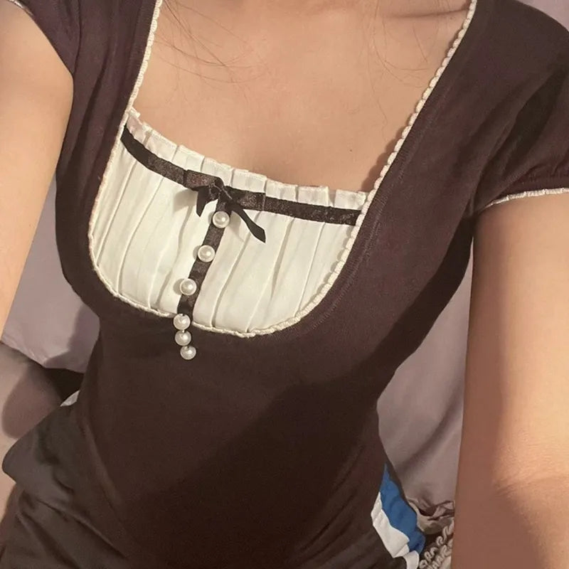 Vintage Bow Ruffle Patchwork Short Sleeve Shirt