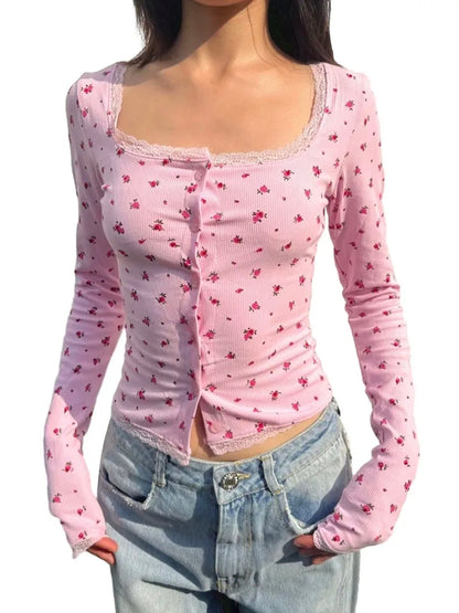 Pink Flower Lace Long Sleeve Shirt