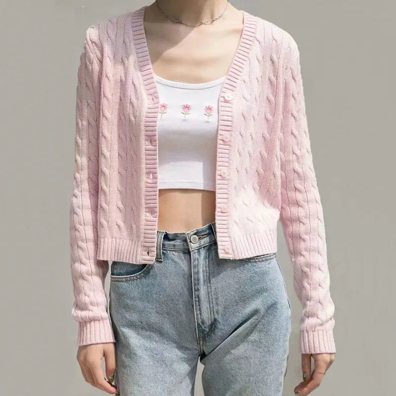 Pink Cable Knit Button Up Cardigan