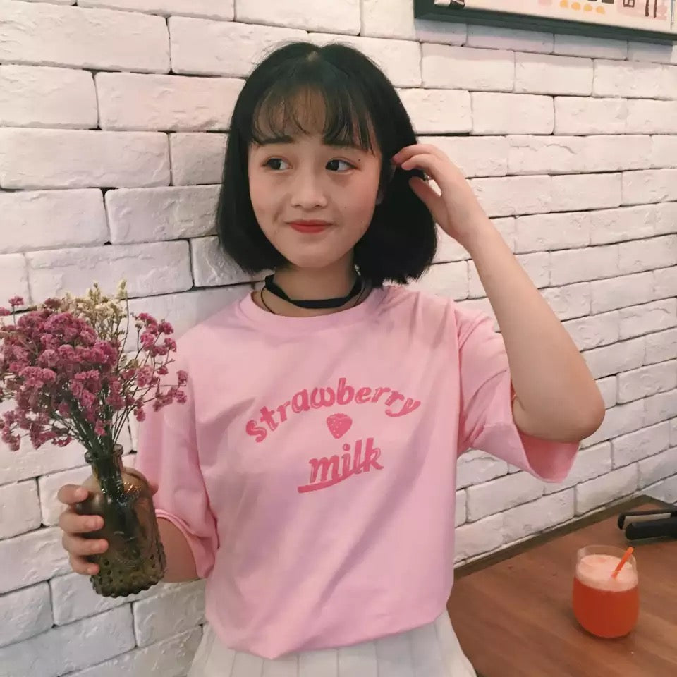 Cute Pastel Pink Strawberry Milk Causal Letter Print Short Sleeve T-shirt Top Tee Shirt E-Girl Kawaii Korean Japanese Harajuku Streetwear