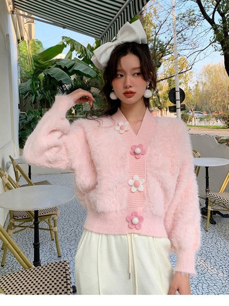 Fluffy Flower Button Cardigan