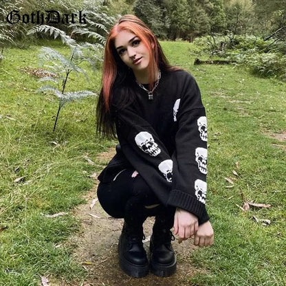 Black Skull Knit Sweater Sweatshirt Crewneck Long Sleeve Pullover Goth Punk Autumn Fall E-Girl Kawaii Korean Japanese Harajuku Streetwear