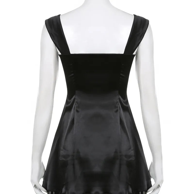Black 2 Layer Square Neck Collar A-Line Dress