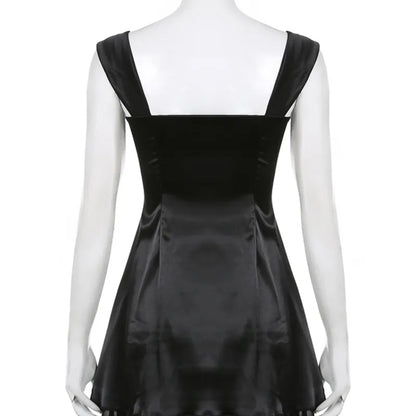 Black 2 Layer Square Neck Collar A-Line Dress