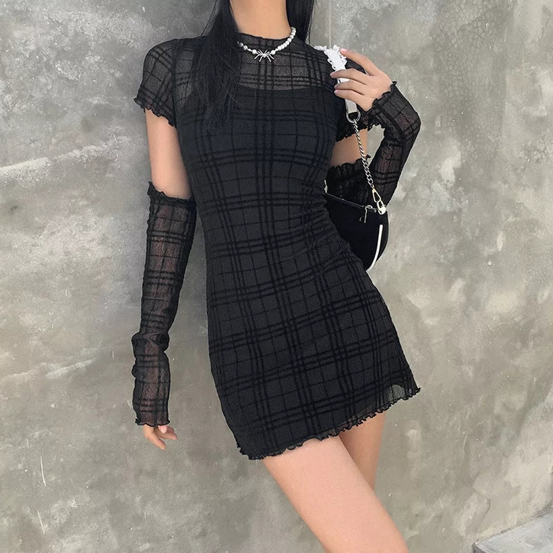 Cute Black Patchwork Plaid Detachable Sleeves Mini Dress Summer Aesthetic Casual E-Girl Kawaii Korean Japanese Harajuku
