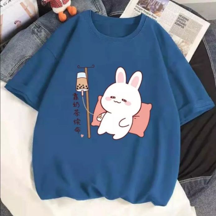Cute Rabbit Boba Bubble Milk Tea Graphic Cartoon Print Loose Short Sleeve T-shirt Aesthetic Casual Summer E-Girl Kawaii Korean Japanese Harajuku