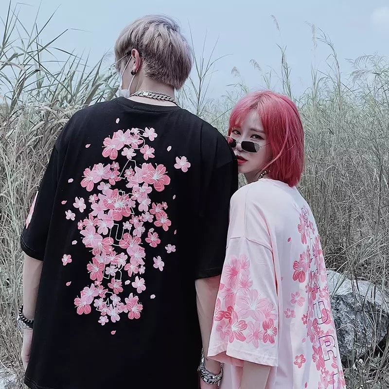 Cute Cherry Blossom Sakura Flower Graphic Print Oversized Short Sleeve Tee Shirt T-shirt Unisex Top E-Girl Kawaii Korean Japanese Harajuku Streetwear