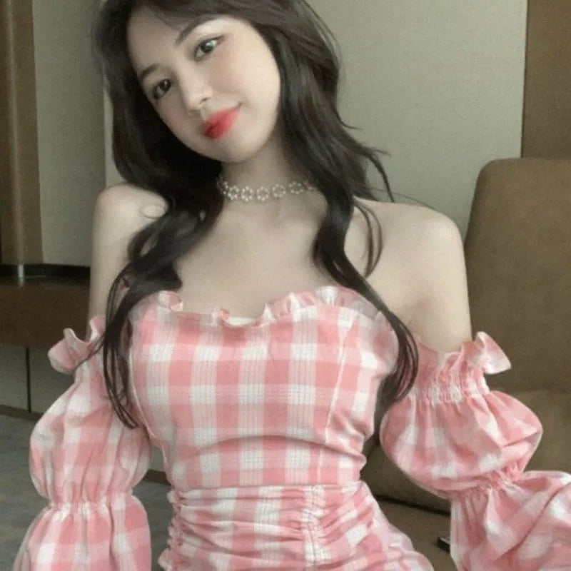 Cute Pink Gingham Plaid Off Shoulder Long Sleeve Drawstring Bodycon Dress Aesthetic Casual Summer E-Girl Kawaii Korean Japanese Harajuku