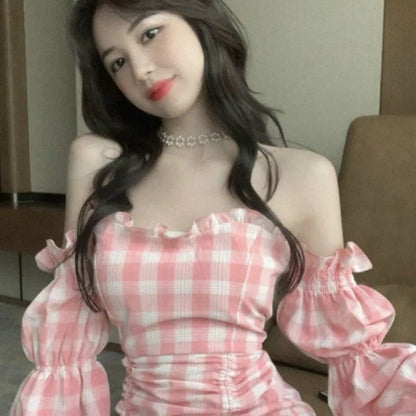 Cute Pink Gingham Plaid Off Shoulder Long Sleeve Drawstring Bodycon Dress Aesthetic Casual Summer E-Girl Kawaii Korean Japanese Harajuku