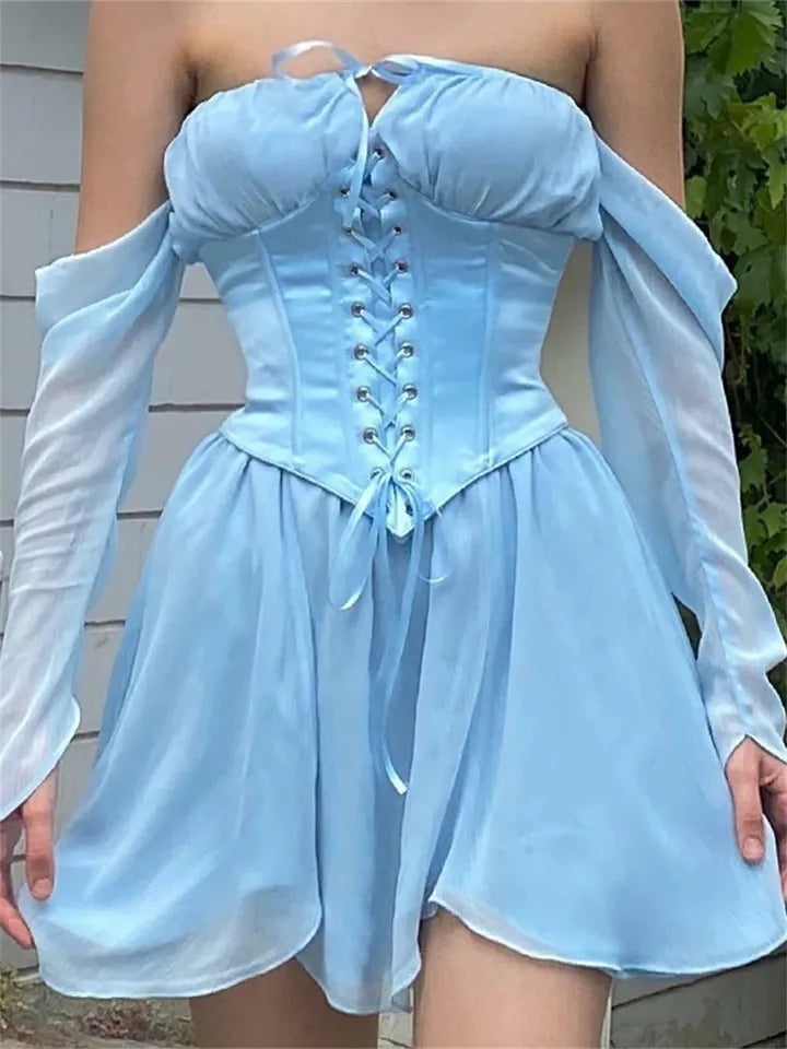 Blue Off Shoulder Corset Bustier Long Sleeve Dress