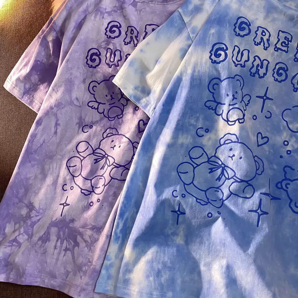 Cute Vintage Retro 90s Tie Dye Aesthetic Bear Short Sleeve Tee Shirt Top Oversize Loose Summer E-Girl Kawaii Korean Japanese Harajuku Streetwear