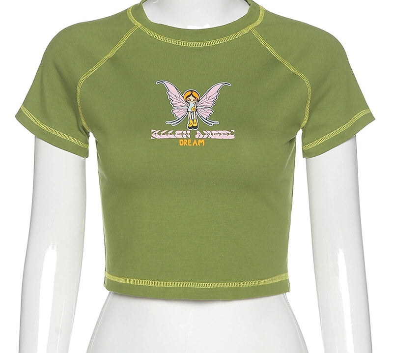 Cute Butterfly Graphic Letter Green Crop Top Short Sleeve Shirt Tee T-shirt E-Girl Kawaii Korean Japanese Harajuku Chinese Retro Streetwear Aesthetic