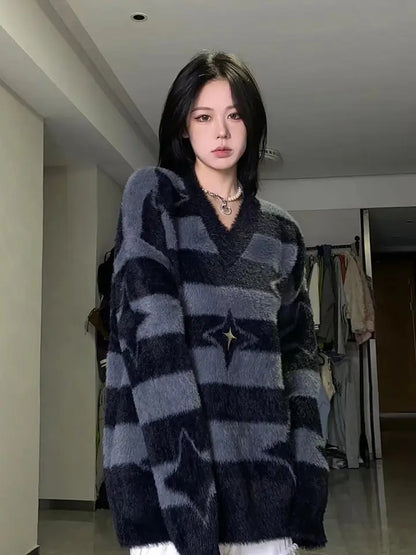 Grey & Black Star Striped Sweater