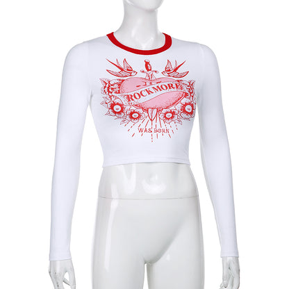Cute Retro Rock Heart Aesthetic Print Crop Top Long Sleeve Shirt Tee T-shirt Punk Goth Summer Casual E-Girl Kawaii Korean Japanese Harajuku Streetwear