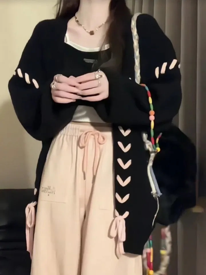 Preppy Heart Bandage V Neck Sweater