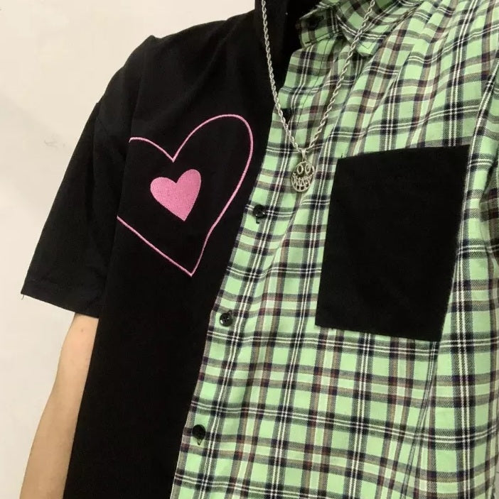 Cute Heart Pocket Plaid Patchwork Vintage Blouse Short Sleeve T- Shirt Top Aesthetic Casual Summer E-Girl Kawaii Korean Japanese Harajuku