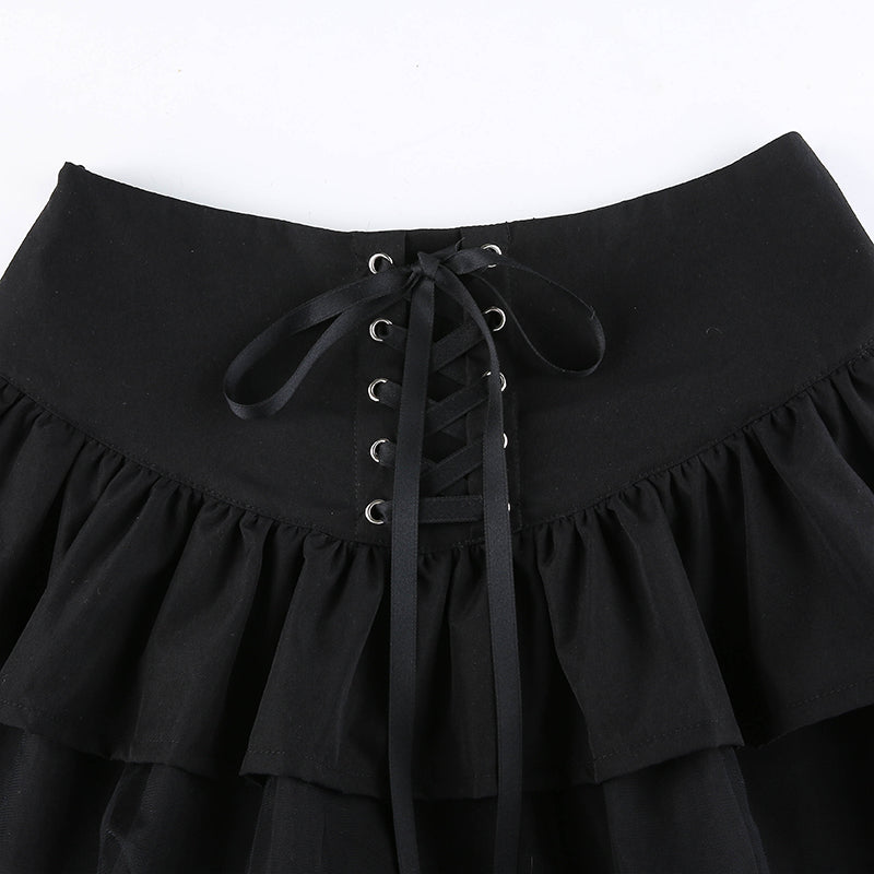Cute Black Goth Lace Up High Waisted Ruffle Skirt Punk Bandage A-line Lace Trim Tutu Casual E-Girl Kawaii Korean Japanese Harajuku Streetwear