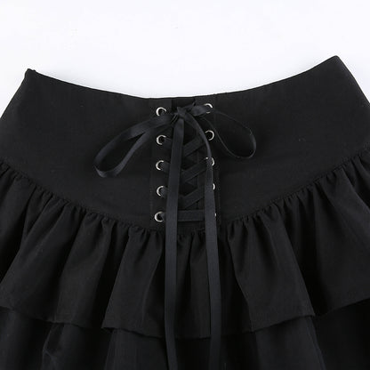 Cute Black Goth Lace Up High Waisted Ruffle Skirt Punk Bandage A-line Lace Trim Tutu Casual E-Girl Kawaii Korean Japanese Harajuku Streetwear