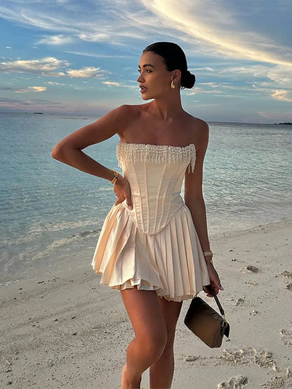 Pearl Tassel Pleated Mini Dress