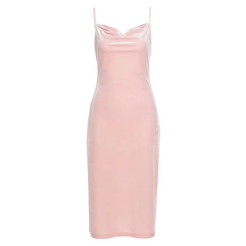 Pink Satin Low Cut Halter Maxi Dress