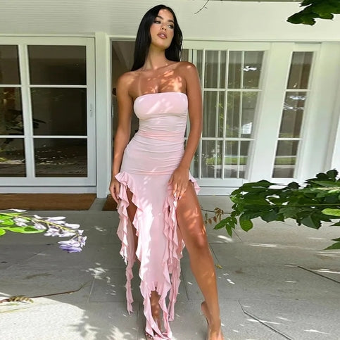 Ruffle Split Strapless Dress