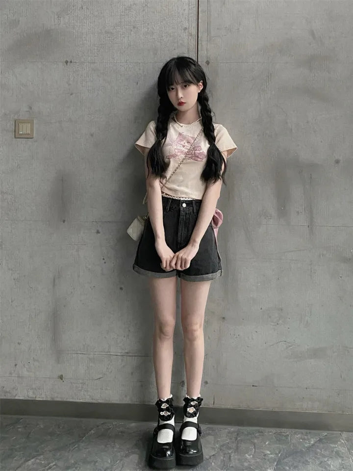 Cat Print Ribbed Short Sleeve T-shirt