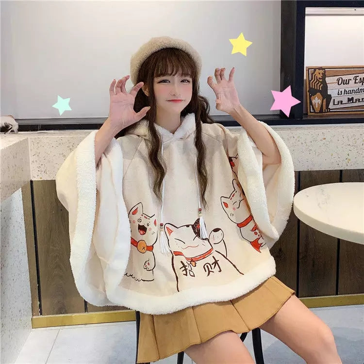 Cute Lucky Cat Ears Cloak Hoodie Pullover Sweatshirt Autumn Winter Aesthetic Casual E-Girl Kawaii Korean Japanese Harajuku