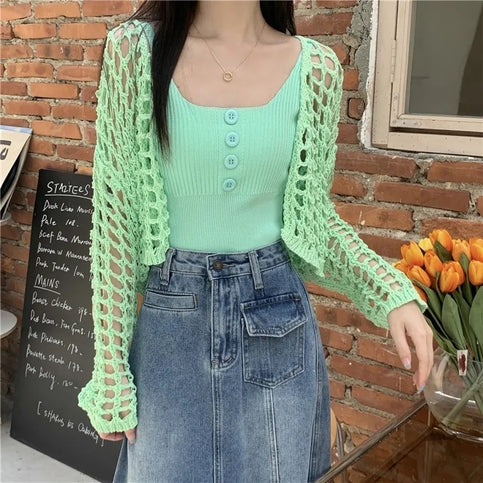 2PCS Green Button Top + Crochet Smock