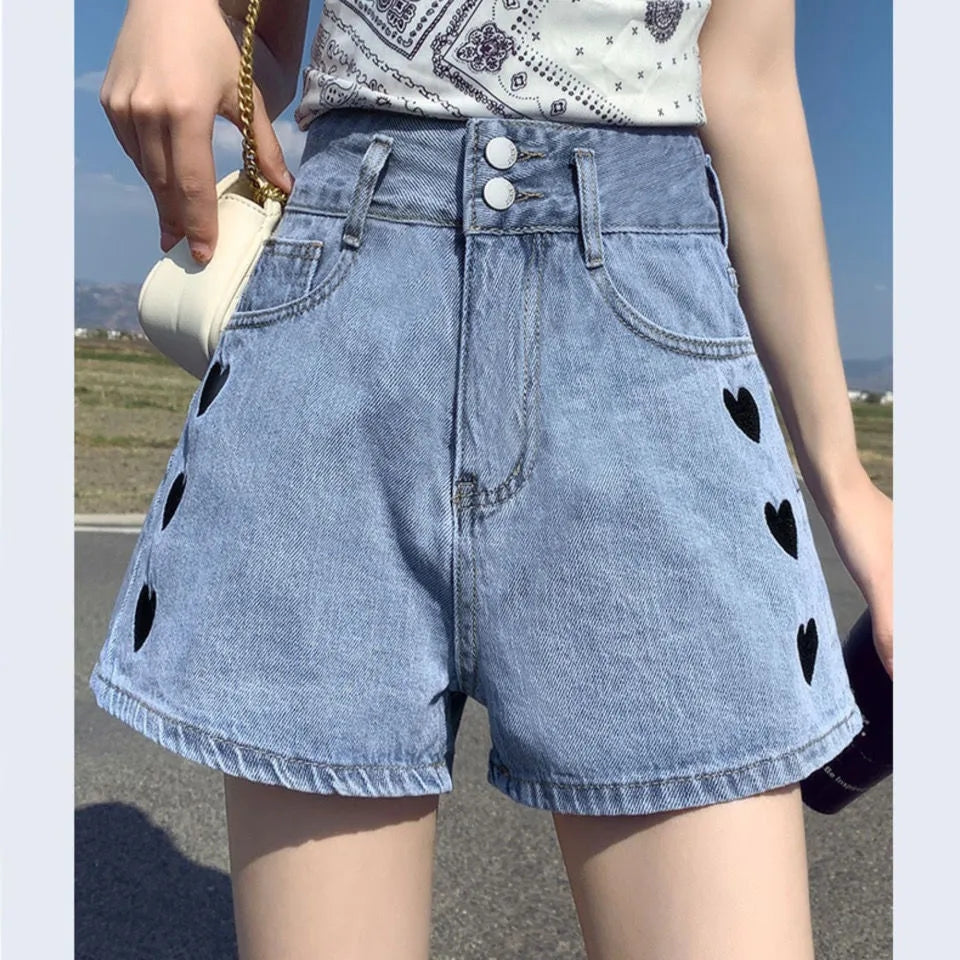 Heart Embroidery Denim Shorts
