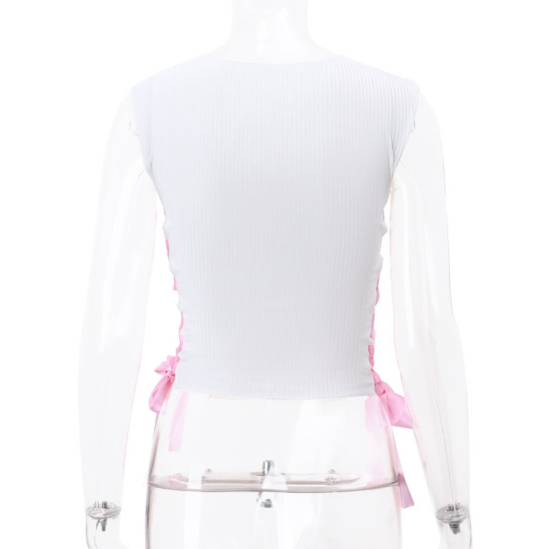 Rabbit Print Side Cross Ribbon Tank Top