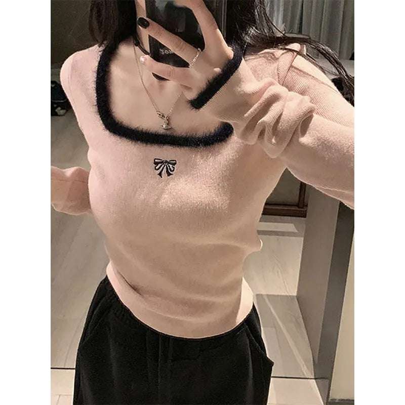 Black Bow Fluffy Square Collar Jumper