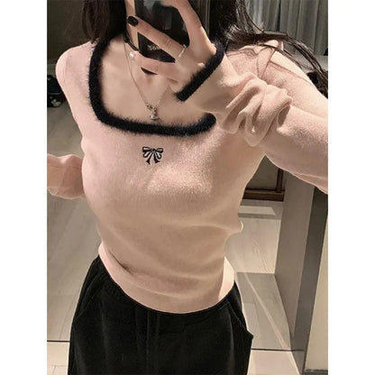 Black Bow Fluffy Square Collar Jumper