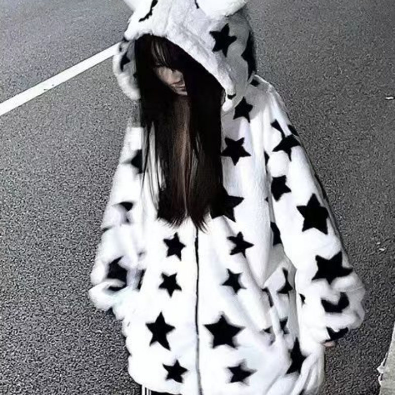 3D Star Ear Print Plush Hood Jacket