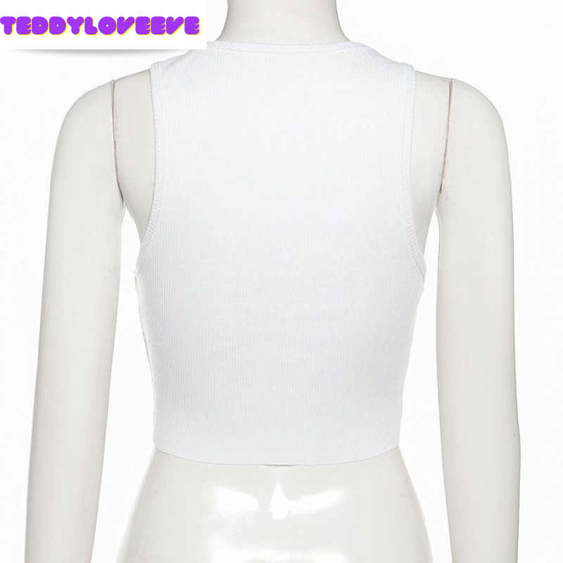 Cute Sexy White Skull Ribbed Sleeveless Tank Crop Top T-shirt Punk Goth Aesthetic Summer Party E-Girl Kawaii Korean Japanese Harajuku Streetwear