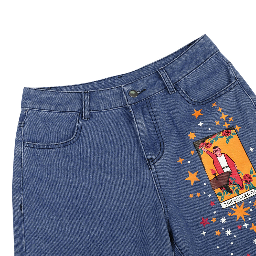 Vintage Star Moon Night Sky Women Heans Pattern Print Autumn Winter Demin Trouser Blue Pants Bottom E-Girl Kawaii Korean Japanese Harajuku Streetwear