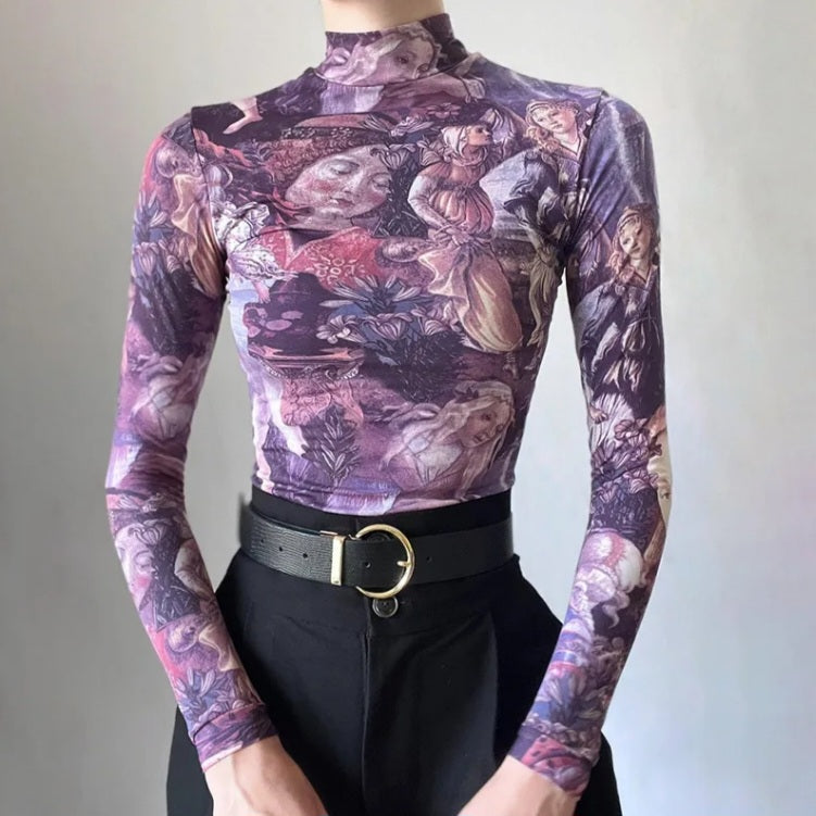 Purple Victorian Print Mesh Long Sleeve Shirt