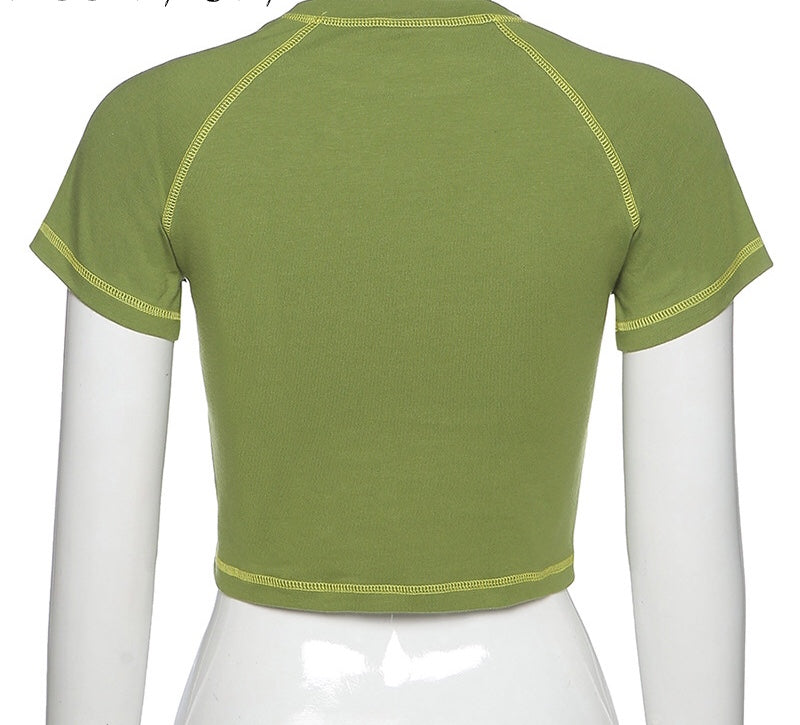 Cute Butterfly Graphic Letter Green Crop Top Short Sleeve Shirt Tee T-shirt E-Girl Kawaii Korean Japanese Harajuku Chinese Retro Streetwear Aesthetic